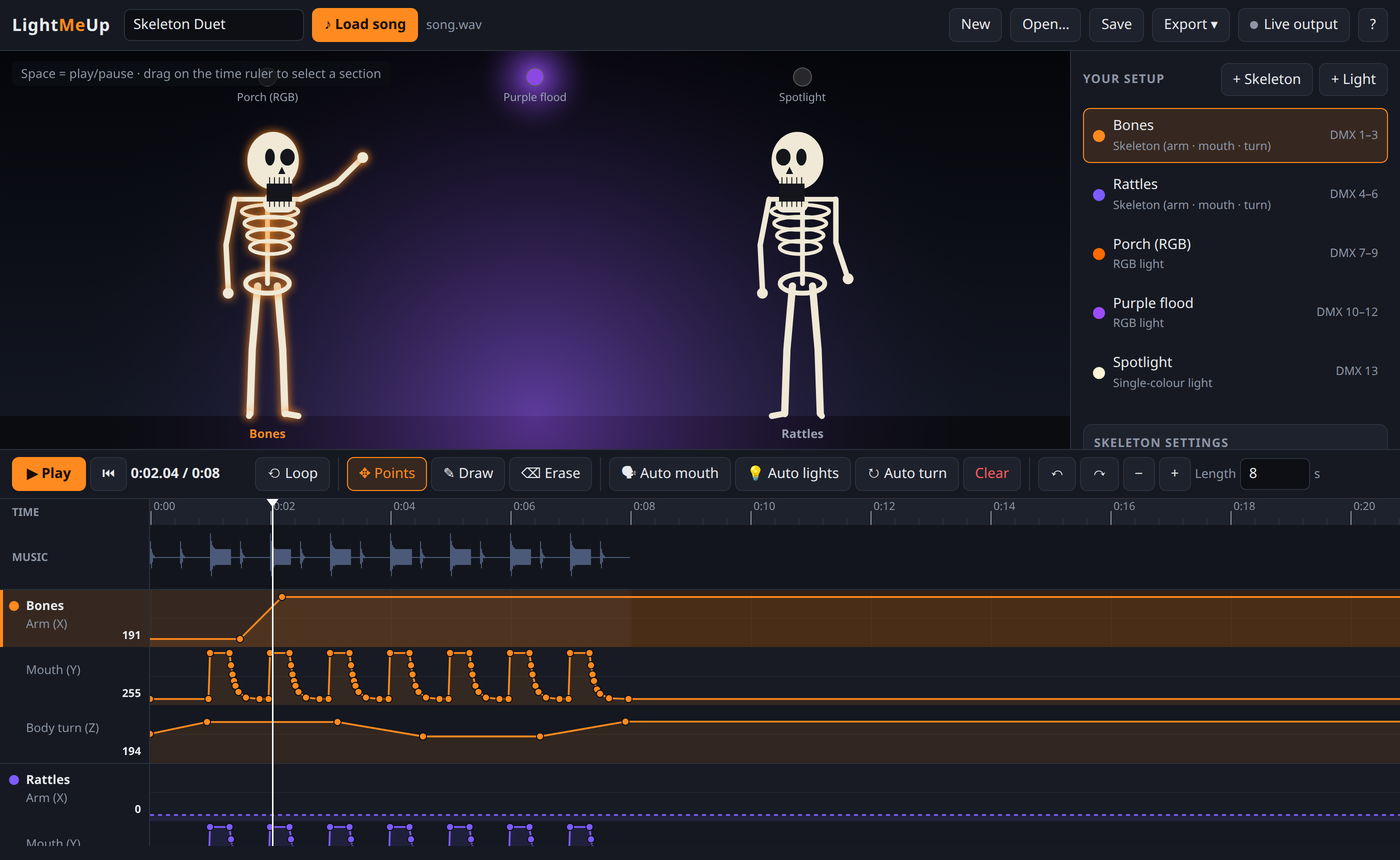 LightMeUp: two skeletons on a stage preview above a music waveform and movement tracks